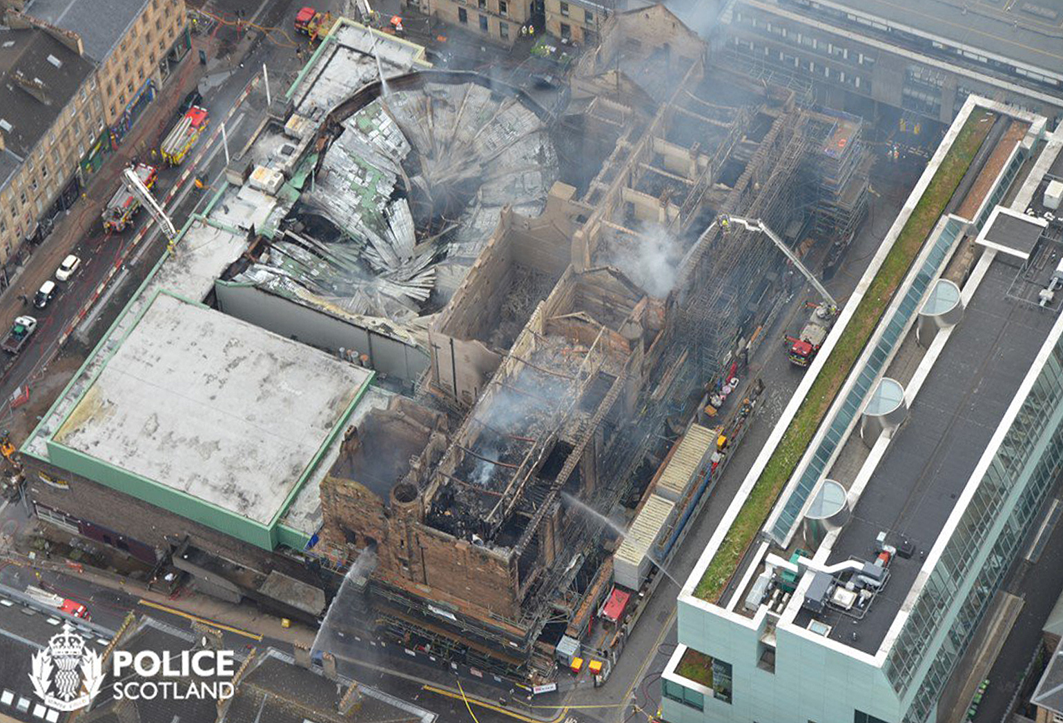 Aerial view of Glasgow School of Art and surrounding buildings after the fire on 15/16 June 2018